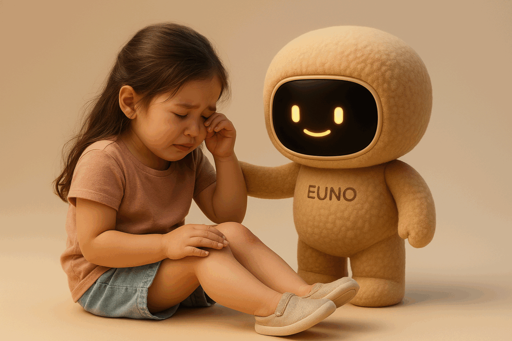 Euno rassure une fillette qui pleure